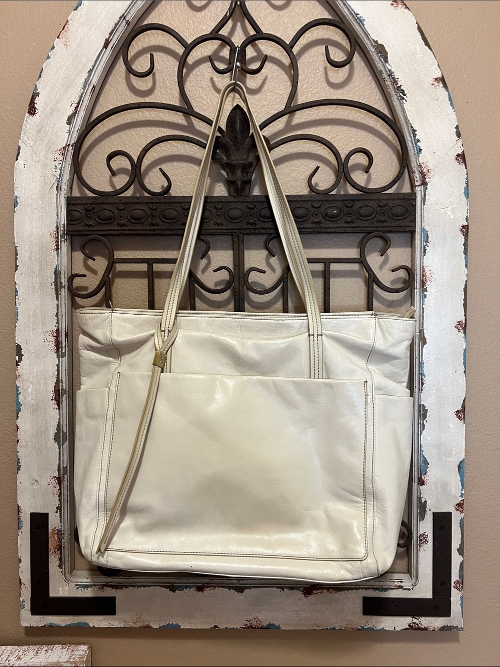 Cream Leather Tote Bag with Front Pocket